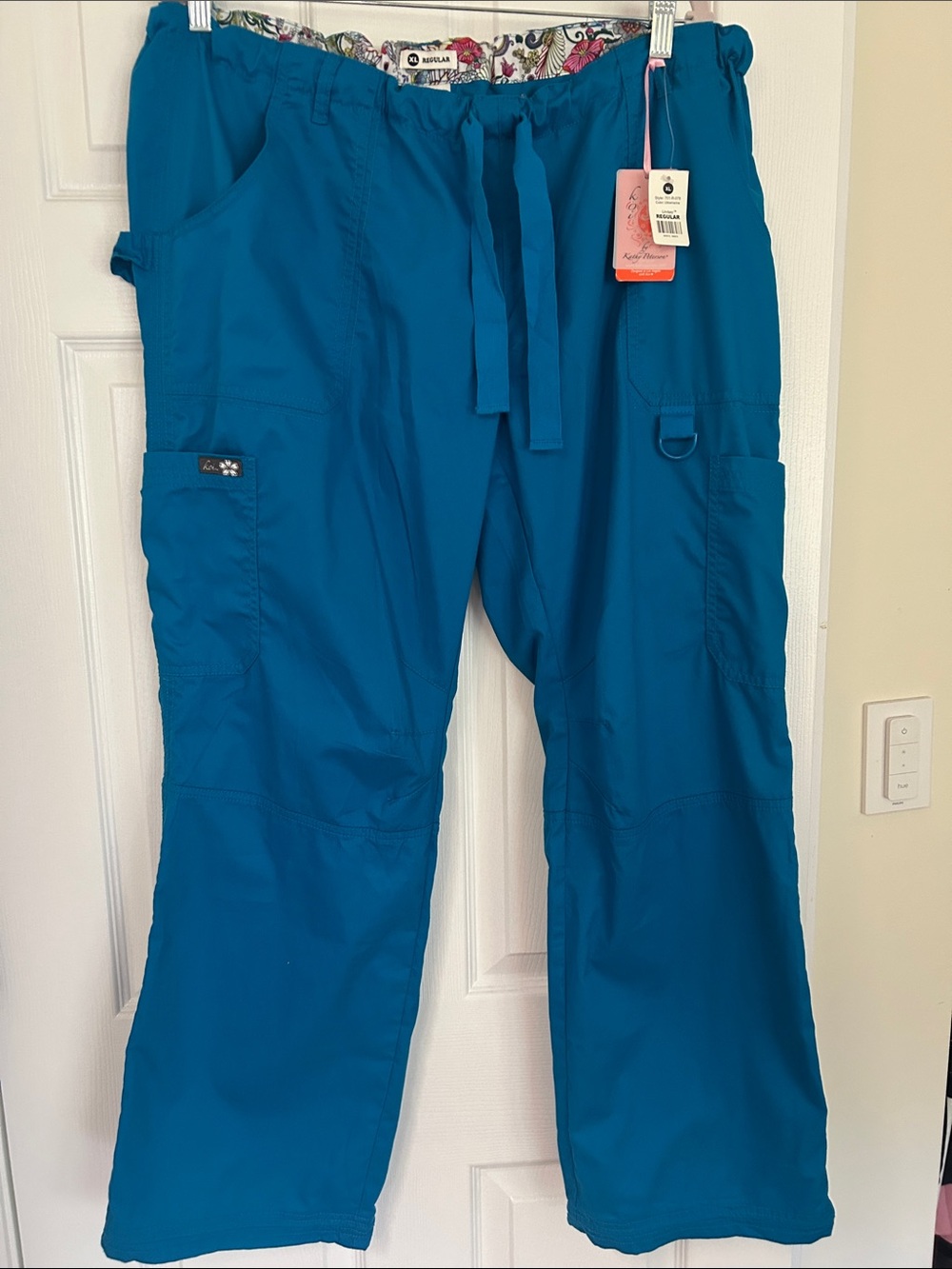 Koi by Kathy Peterson Bright Teal Blue women’s Drawstring Cargo nurse scrubs